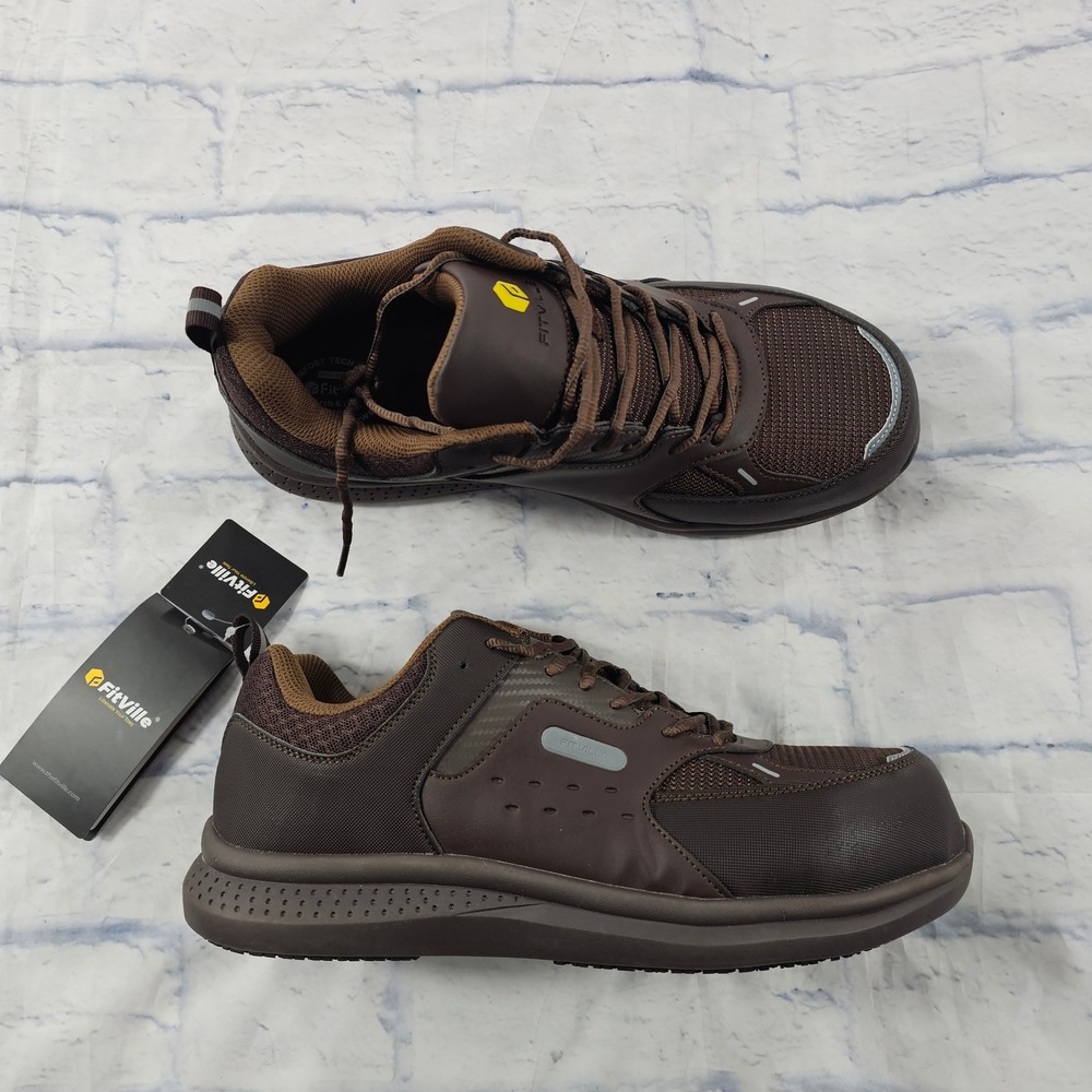 FitVille Safety Shoes MENS 11.5W Brown Steel Toe Work Sneakers ASTM F2413-18